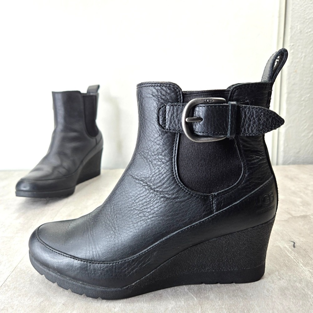 UGG Waterproof Buckle Wedge Ankle Boot 7 Black Leather Chelsea Moto Biker Bootie